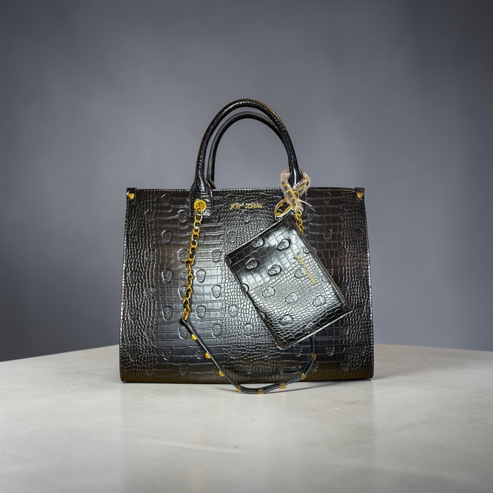 BETSEY JOHNSON Black Croc- Skull Embossed Shoulder Bag & Wallet NWT